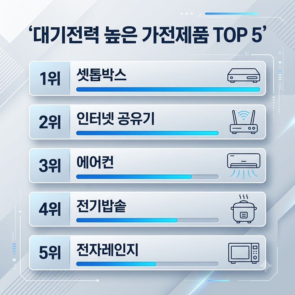 가정 내 주요 가전제품별 대기전력 손실 비교
