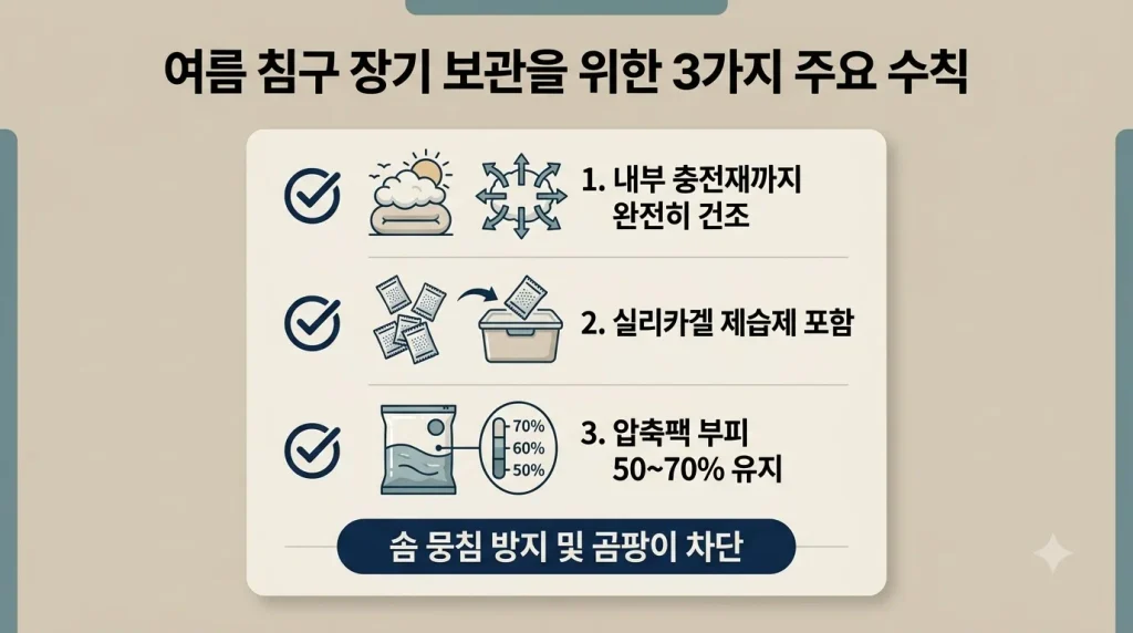 여름 이불 세탁 후 장기 보관 전 완전 건조 및 압축팩 보관 기준